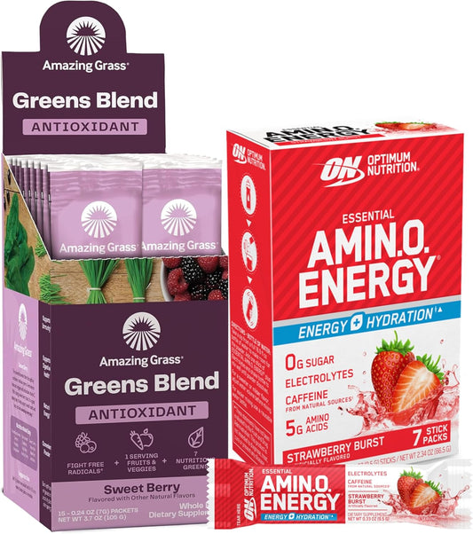 Optimum Nutrition Energy Bundle: Amino Energy + Electrolytes Stick Packs & Greens Superfood Antioxidant, Sweet Berry - 22 Servings