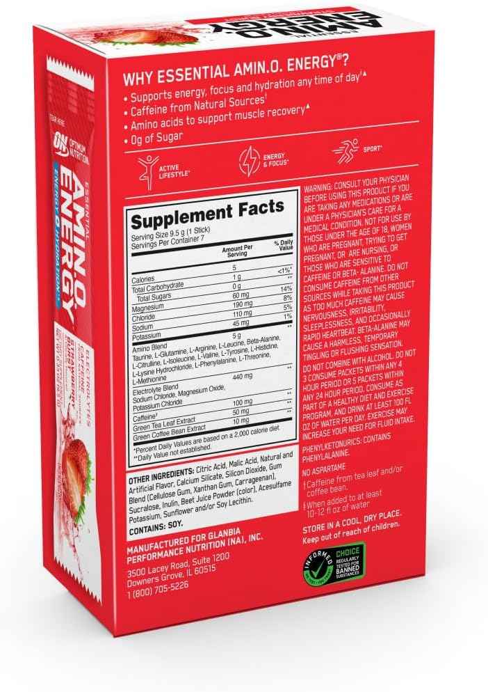 Optimum Nutrition Essential Amino Energy Plus Electrolytes Stick Packs, Energy Powder, Strawberry Burst, 7 Count