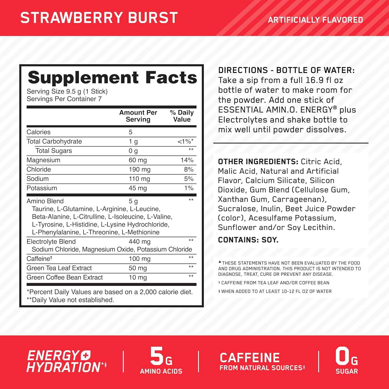 Optimum Nutrition Essential Amino Energy Plus Electrolytes Stick Packs, Energy Powder, Strawberry Burst, 7 Count