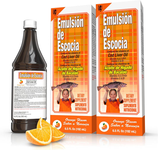 Orange Flavored Cod Liver Oil Liquid with Vitamins A, D, E & B1 for Immune & Bone Health - Omega-3 Fish Oil Supplement for Kids & Adults - 2 Pack of 6.5 fl oz Each