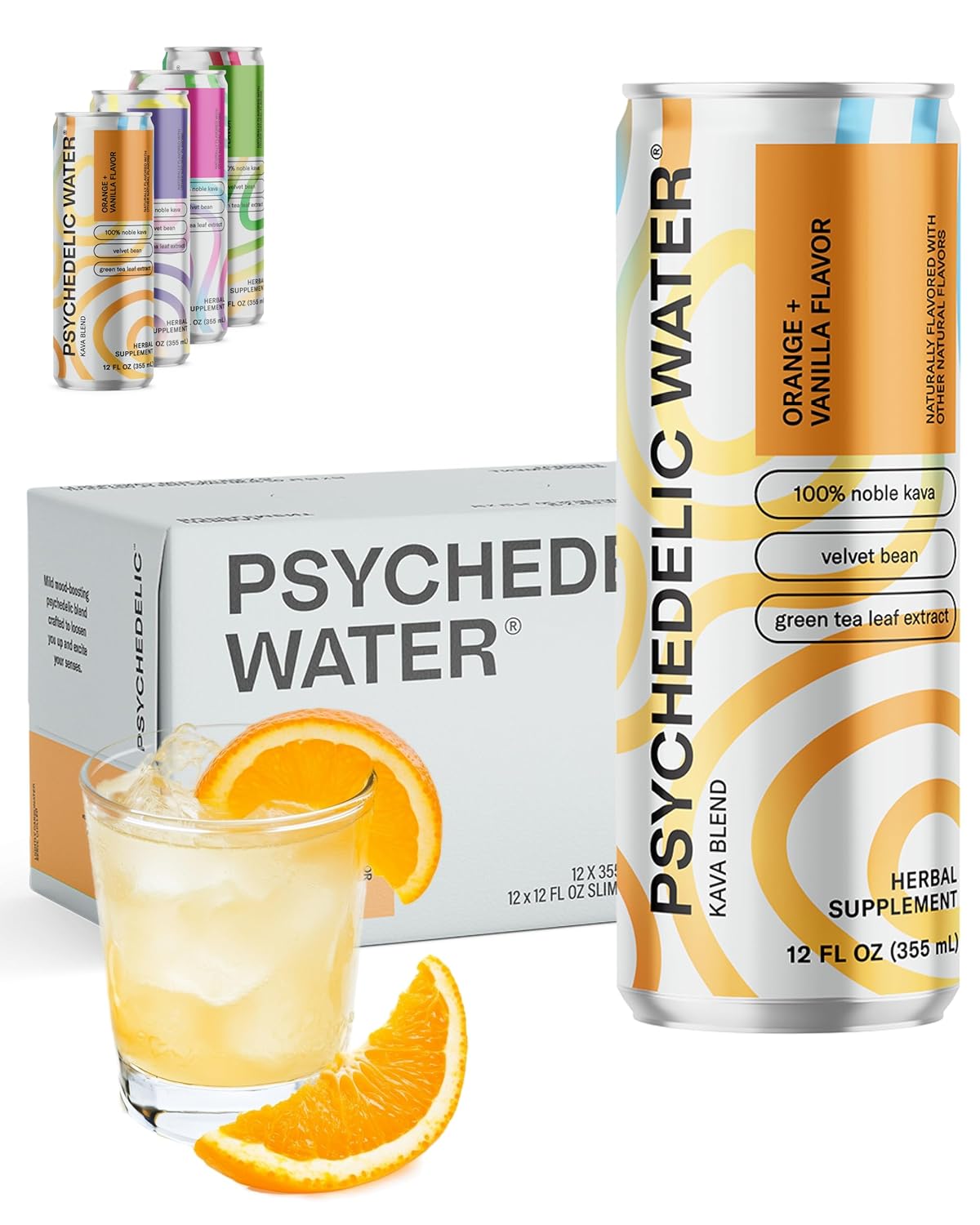 Orange Vanilla Psychedelic Water: Mood-Enhancing Kava Relaxation Drink with Mucuna Pruriens, Stevia, Gluten-Free, Low Calorie, Non-Alcoholic Adaptogen Mocktails - 12 Pack