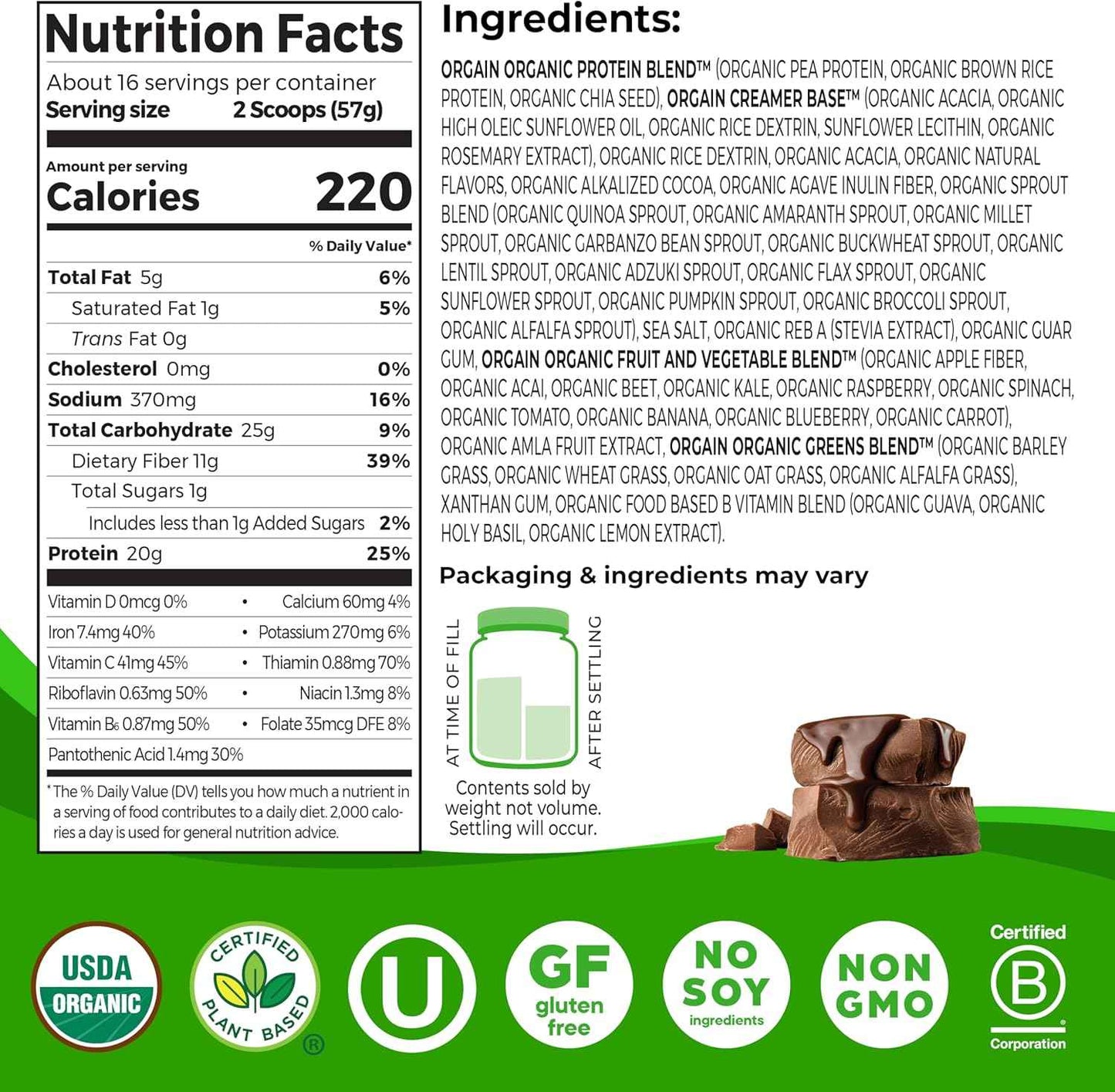 Orgain Organic Vegan Meal Replacement Protein Powder, Creamy Chocolate Fudge - 20g Plant Based Protein, Gluten Free, Dairy Free, Lactose Free, Soy Free, No Sugar Added, For Smoothies & Shakes - 2.03lb