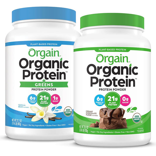 Orgain Organic Vegan Protein Powder Variety Pack - Vanilla Bean & Creamy Chocolate Fudge, 21g Plant Based Protein, Gluten/Dairy/Soy Free, No Sugar Added, With Iron & Prebiotics, 1.94lb & 2.03lb