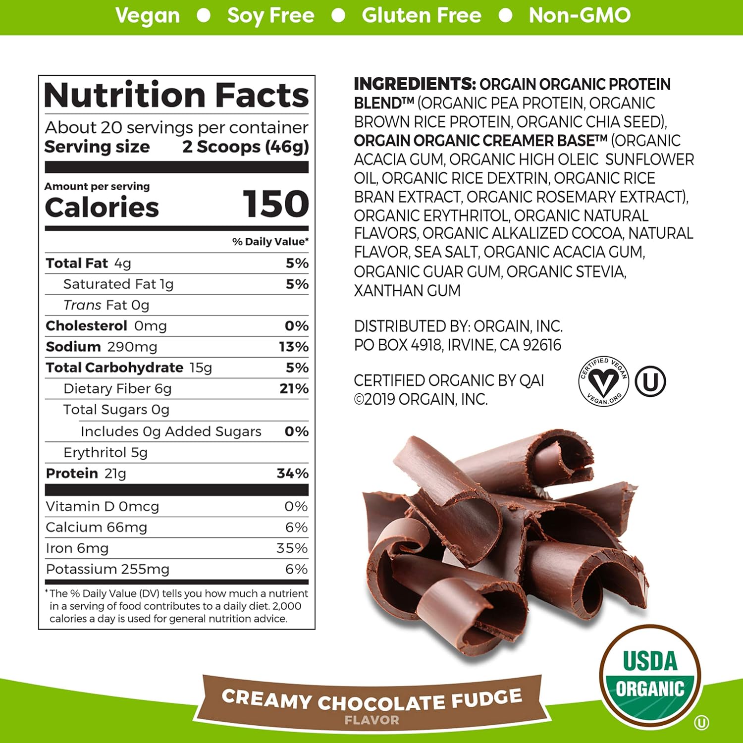 Orgain Organic Vegan Protein Powder Variety Pack - Vanilla Bean & Creamy Chocolate Fudge, 21g Plant Based Protein, Gluten/Dairy/Soy Free, No Sugar Added, With Iron & Prebiotics, 1.94lb & 2.03lb