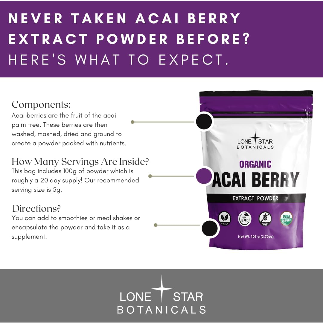 Organic Açai Berry Superfood Powder - 3.52oz (100g) - Rich in Antioxidants, Vitamins, and Minerals - Ideal for Smoothies, Soups, and Salads