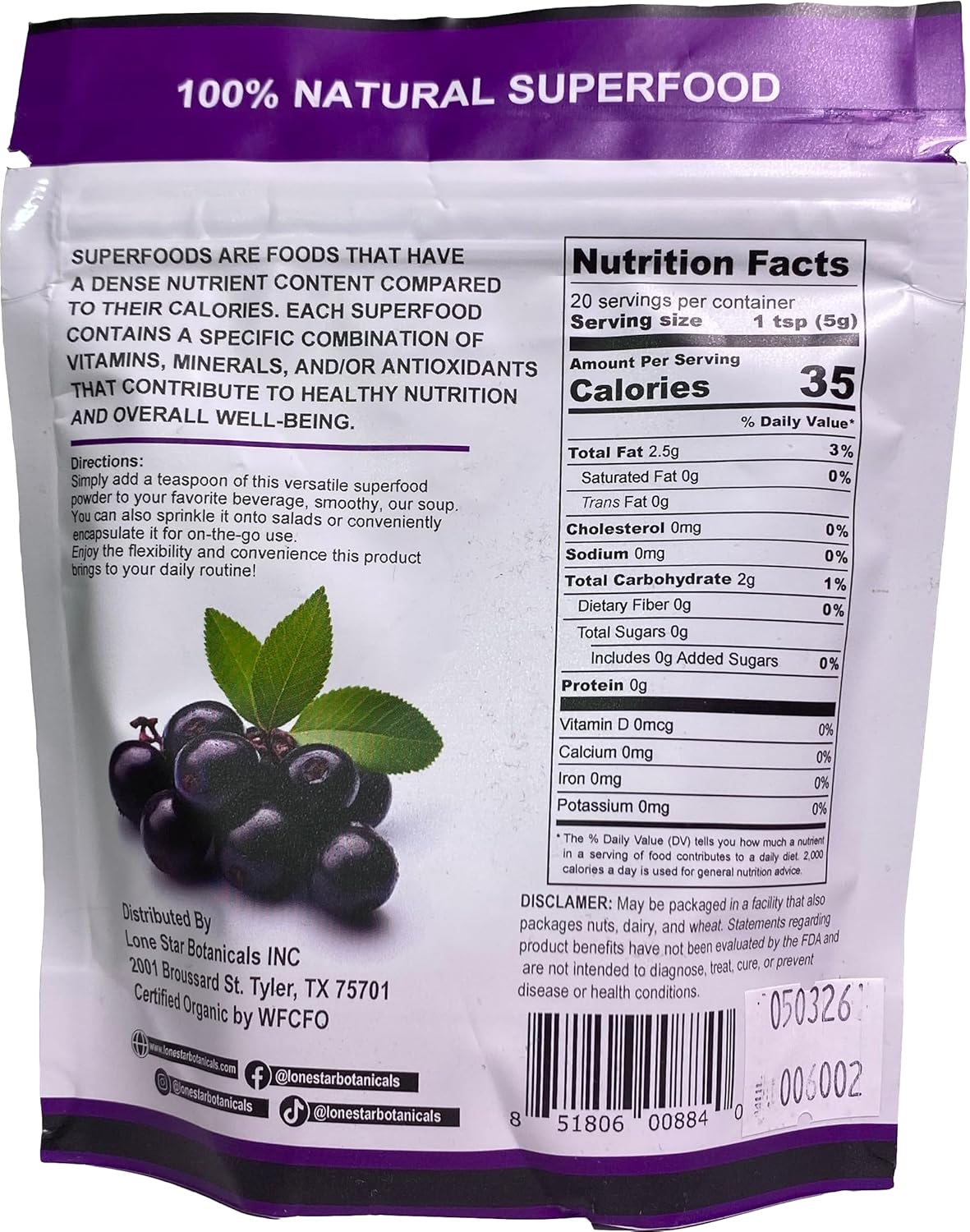 Organic Açai Berry Superfood Powder - 3.52oz (100g) - Rich in Antioxidants, Vitamins, and Minerals - Ideal for Smoothies, Soups, and Salads