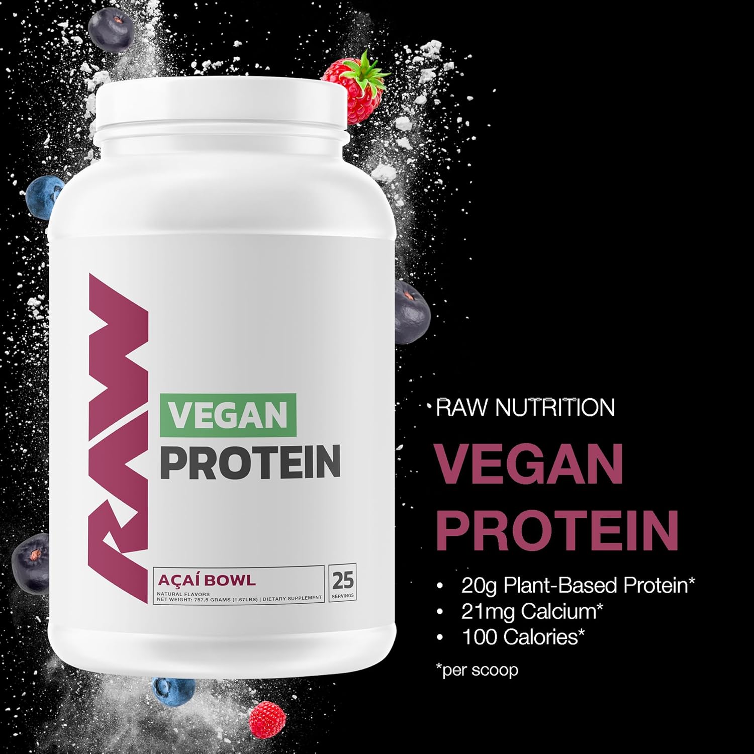 Organic Acai Bowl Protein Powder - 20g Plant-Based Protein, Vitamin-Enhanced for Muscle Recovery - Low-Fat, Low Carb, Natural Flavor, 25 Servings