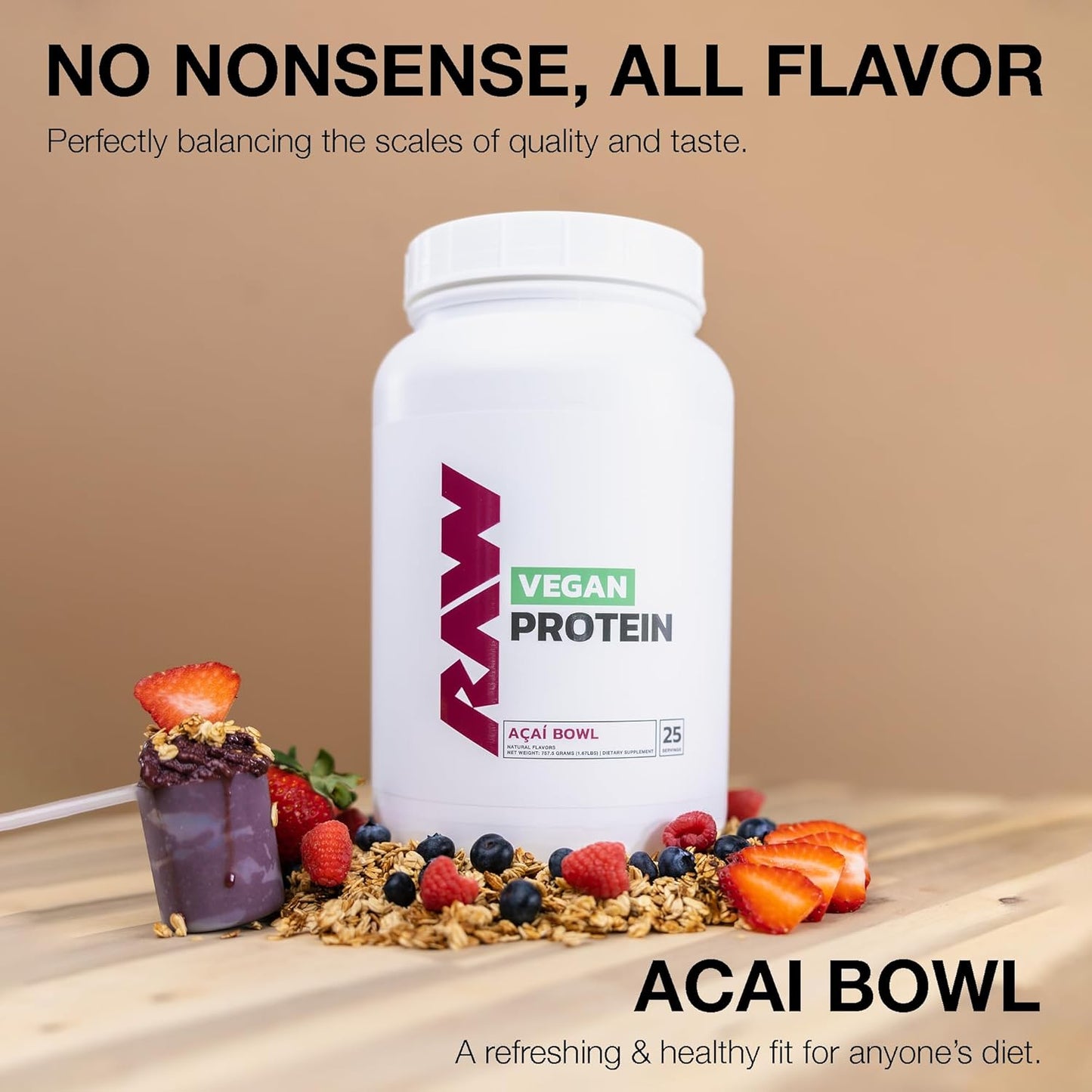Organic Acai Bowl Protein Powder - 20g Plant-Based Protein, Vitamin-Enhanced for Muscle Recovery - Low-Fat, Low Carb, Natural Flavor, 25 Servings