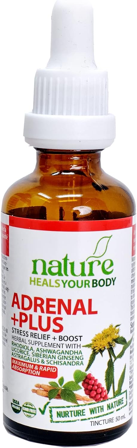 Organic Adrenal +Plus Herbal Tincture: Stress Relief & Energy Boost - Rhodiola, Ashwagandha, Astragalus, Eleuthero - 50 mL
