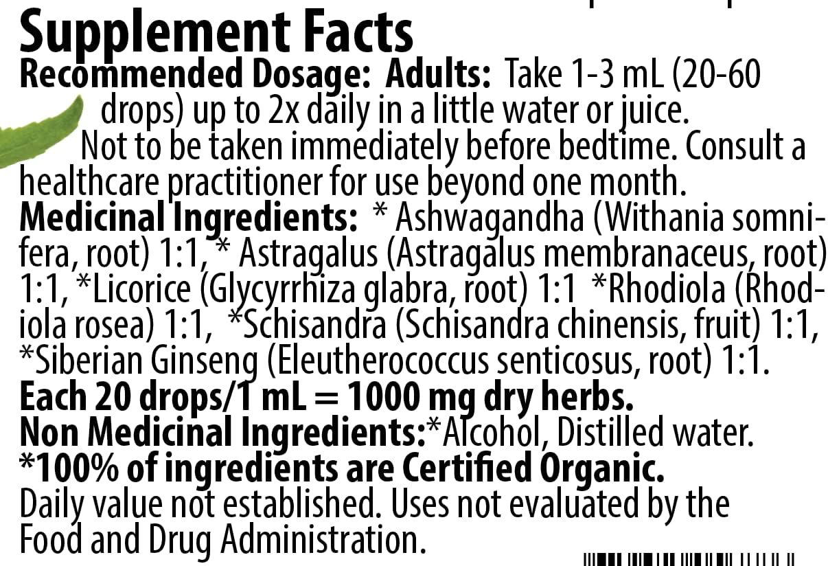 Organic Adrenal +Plus Herbal Tincture: Stress Relief & Energy Boost - Rhodiola, Ashwagandha, Astragalus, Eleuthero - 50 mL