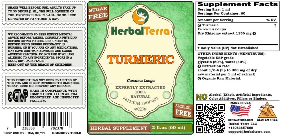 Organic Alcohol-Free Turmeric Glycerite Liquid Extract 2 oz by Herbal Terra LLC