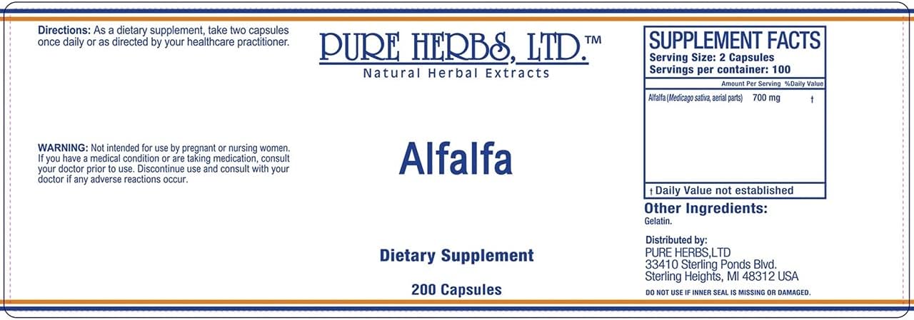 Organic Alfalfa Capsules by Pure Herbs, Ltd. - Natural Herbal Supplement for Health and Wellness