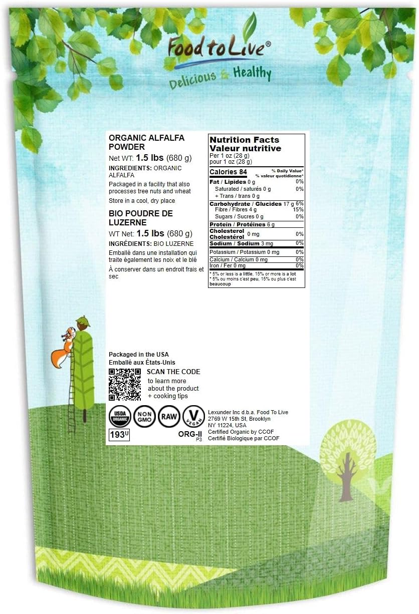 Organic Alfalfa Powder 1.5 lbs - Non-GMO, Raw Dried Leaves for Baking, Juices, Smoothies, Tea, Drinks - High Fiber & Protein