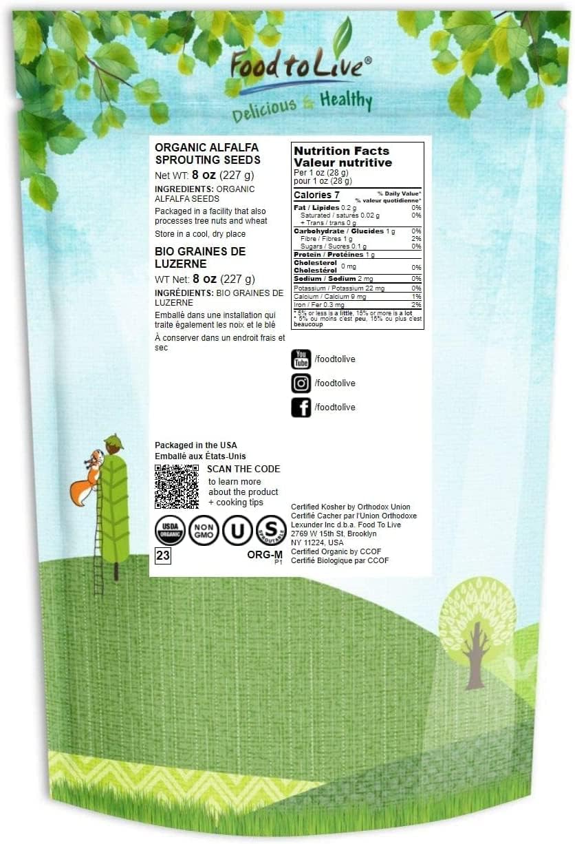 Organic Alfalfa Sprouting Seeds - 8 Ounces, Non-GMO, Kosher, Raw - Food to Live