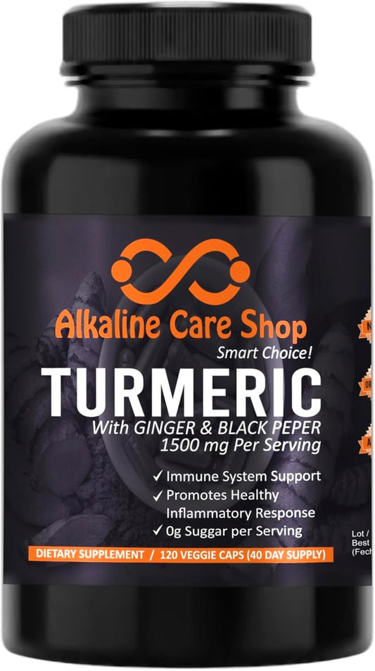Organic Alkaline Turmeric Curcumin Supplement 1500mg with Ginger & Black Pepper | Joint & Inflammation Support | Non-GMO (120 Capsules)