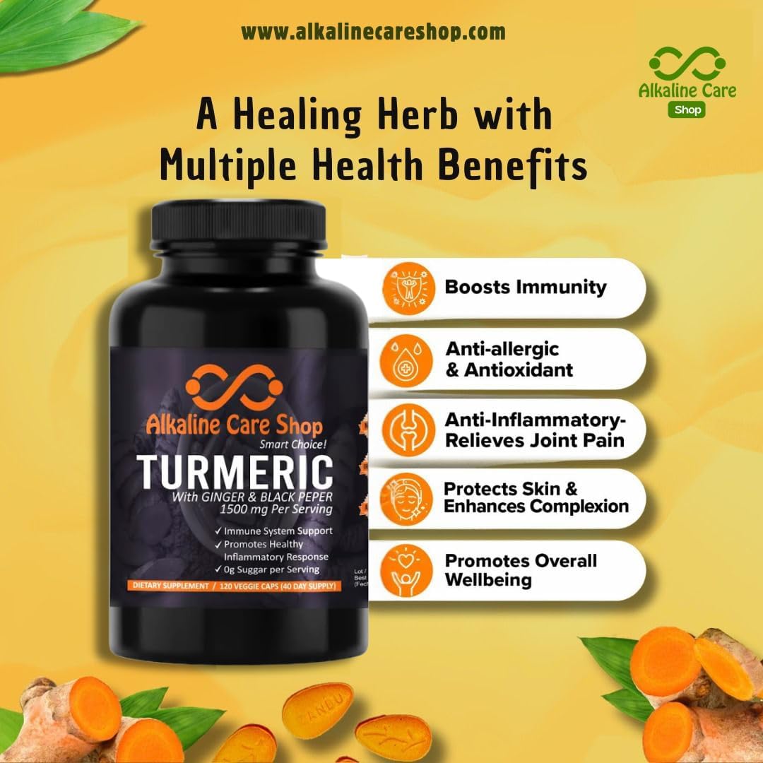 Organic Alkaline Turmeric Curcumin Supplement 1500mg with Ginger & Black Pepper | Joint & Inflammation Support | Non-GMO (120 Capsules)