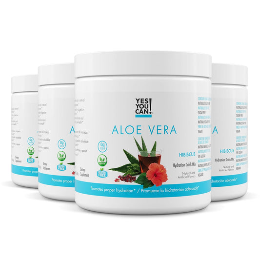 Organic Aloe Vera Powder Drink Mix - Hydration Booster with Pure Aloe Juice - Delicious Hibiscus Flavor - Antioxidant Rich - Made in USA - 40 Servings Per Canister (4 Pack)
