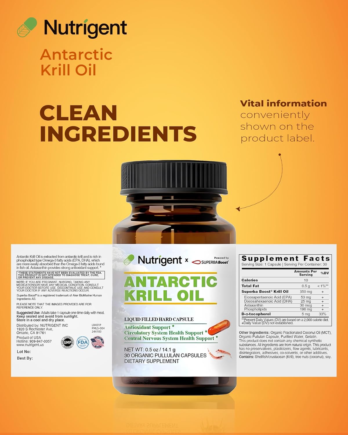 Organic Antarctic Krill Oil Capsules 350 mg - Omega-3 EPA, DHA, Astaxanthin, Phospholipids - Heart, Brain, Joint Health - No Fishy Aftertaste - 30 Count