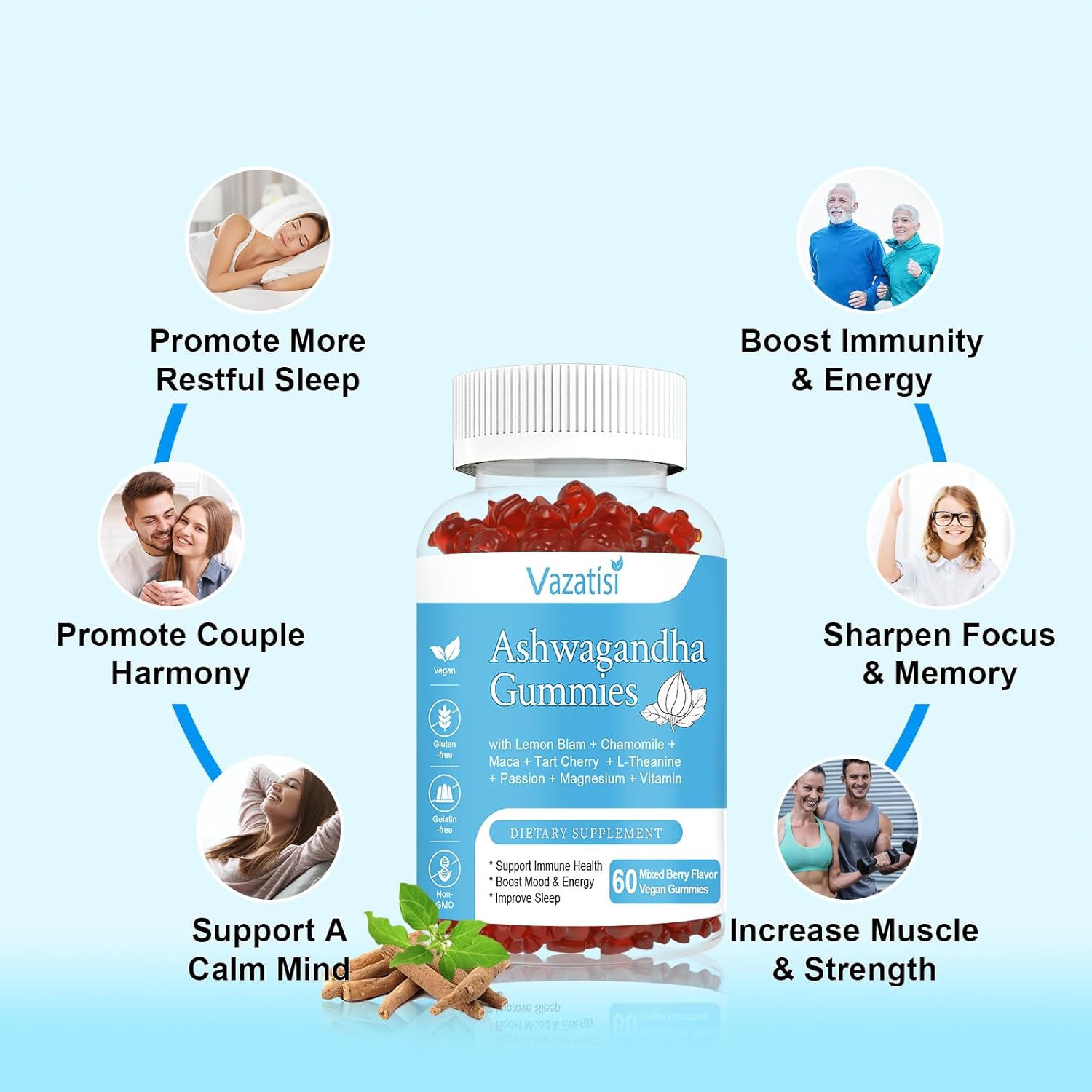 Organic Ashwagandha Gummies for Relaxation and Balance - 60 ct Vegan Supplement for Women and Men, Sugar-Free