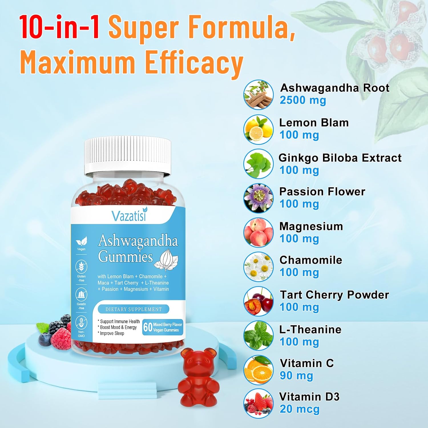Organic Ashwagandha Gummies for Relaxation and Balance - 60 ct Vegan Supplement for Women and Men, Sugar-Free