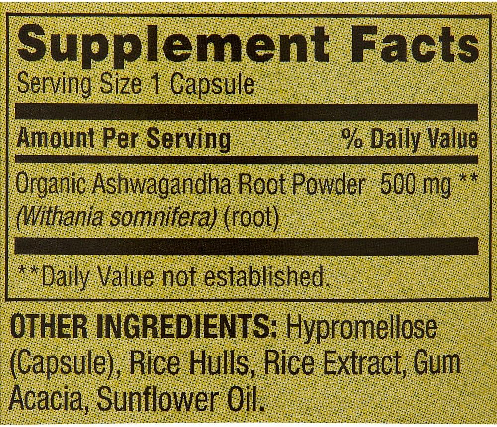 Organic Ashwagandha Root Powder Capsules for General Wellness - 500mg, 60 Count