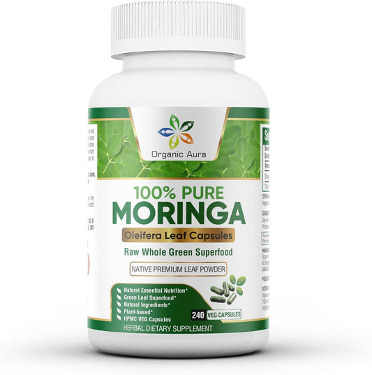 Organic Aura Moringa Capsules - 240 HPMC Veg Capsules for Metabolism, Lactation, and Immunity Support