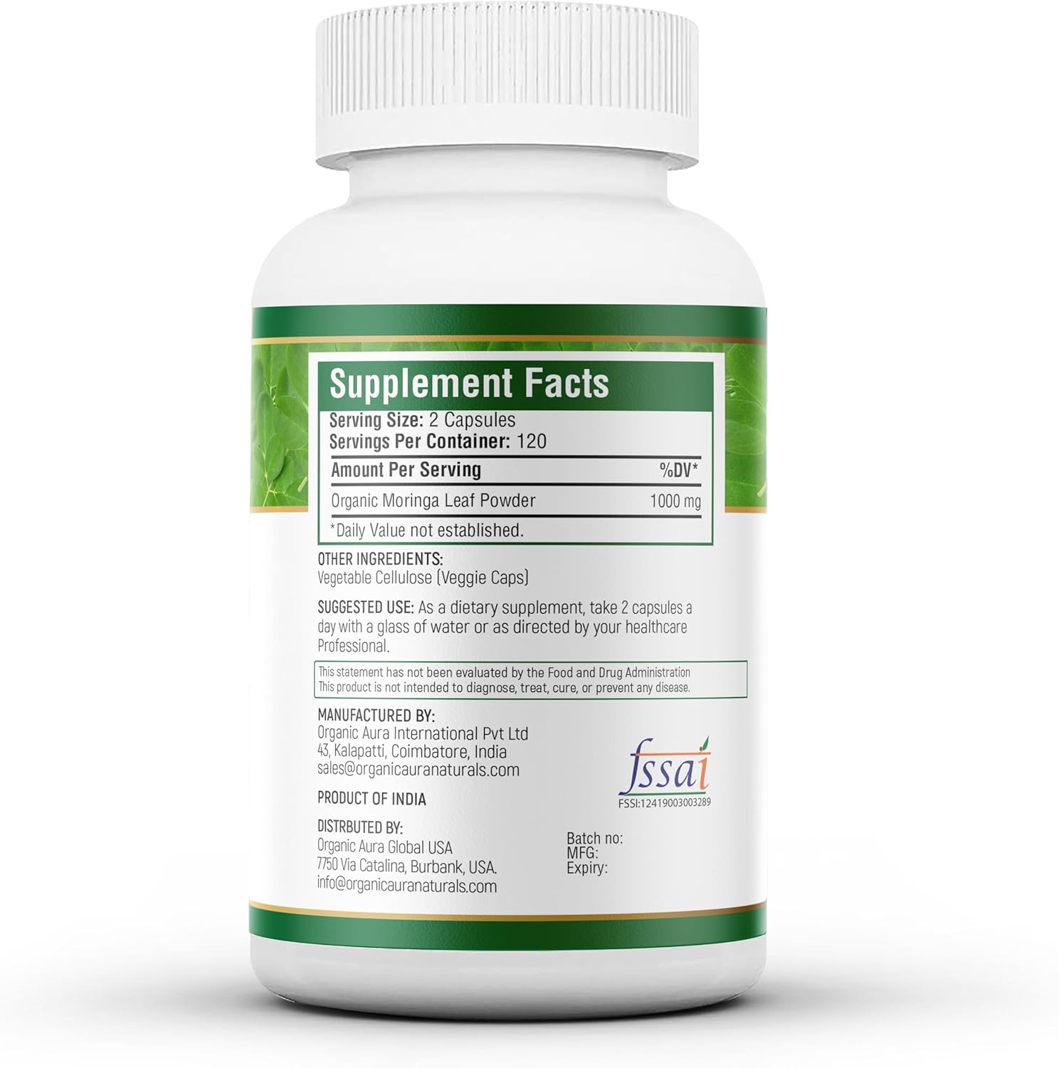 Organic Aura Moringa Capsules - 240 HPMC Veg Capsules for Metabolism, Lactation, and Immunity Support