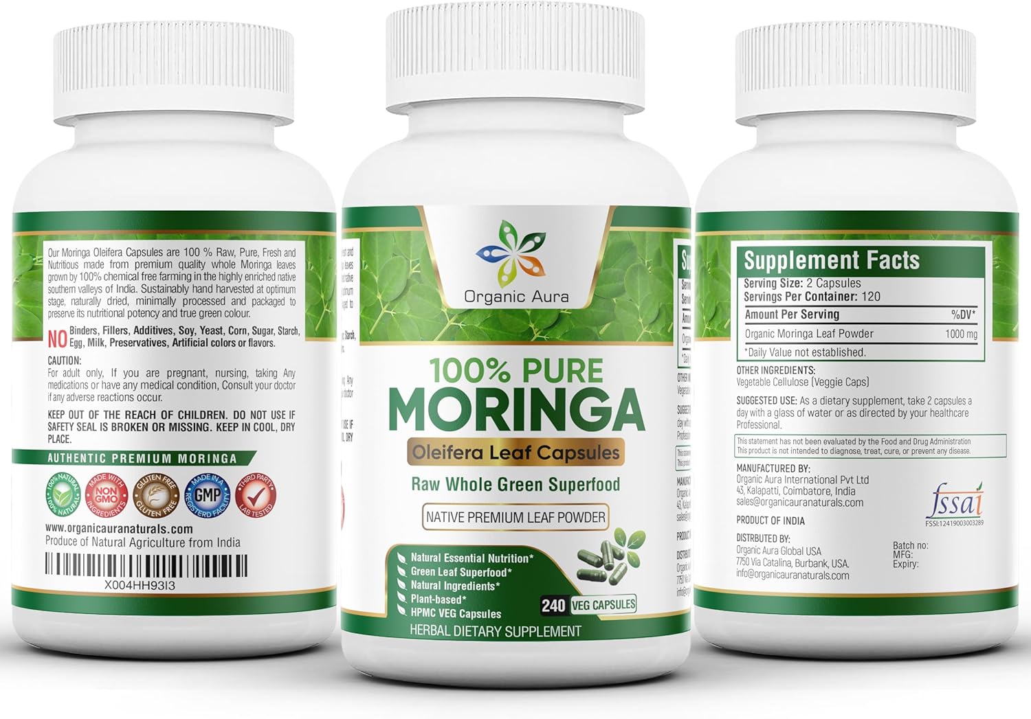 Organic Aura Moringa Capsules - 240 HPMC Veg Capsules for Metabolism, Lactation, and Immunity Support