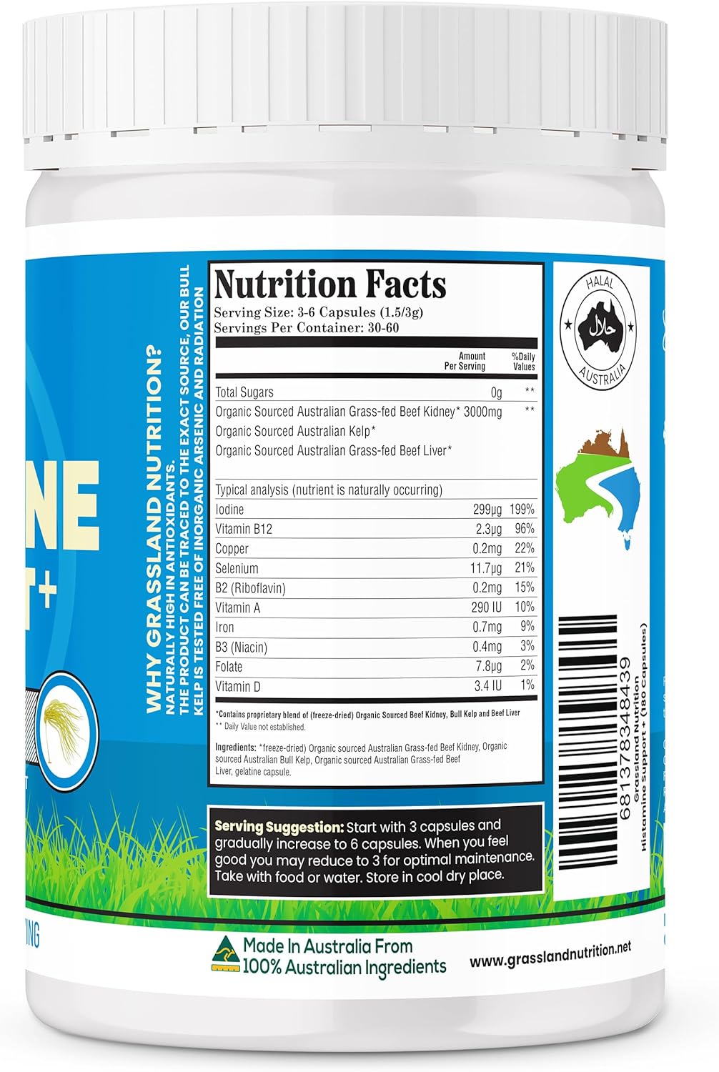 Organic Australian Grassland Nutrition Beef Kidney Organ Blend - High DAO, Histamine Support (180 Capsules)