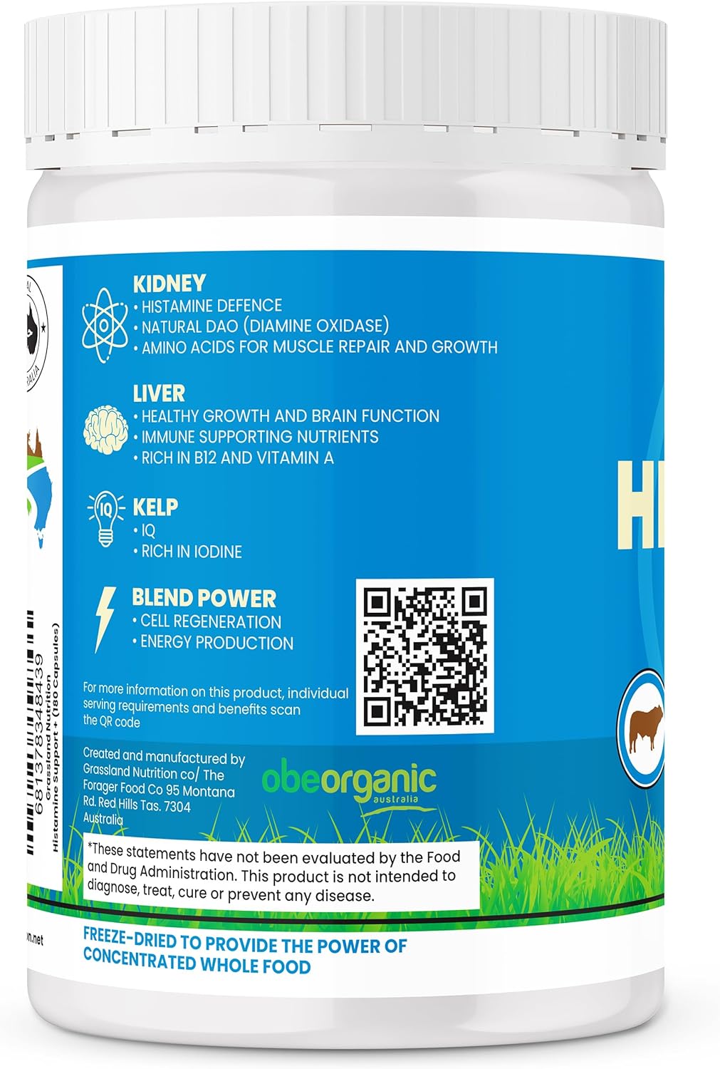 Organic Australian Grassland Nutrition Beef Kidney Organ Blend - High DAO, Histamine Support (180 Capsules)