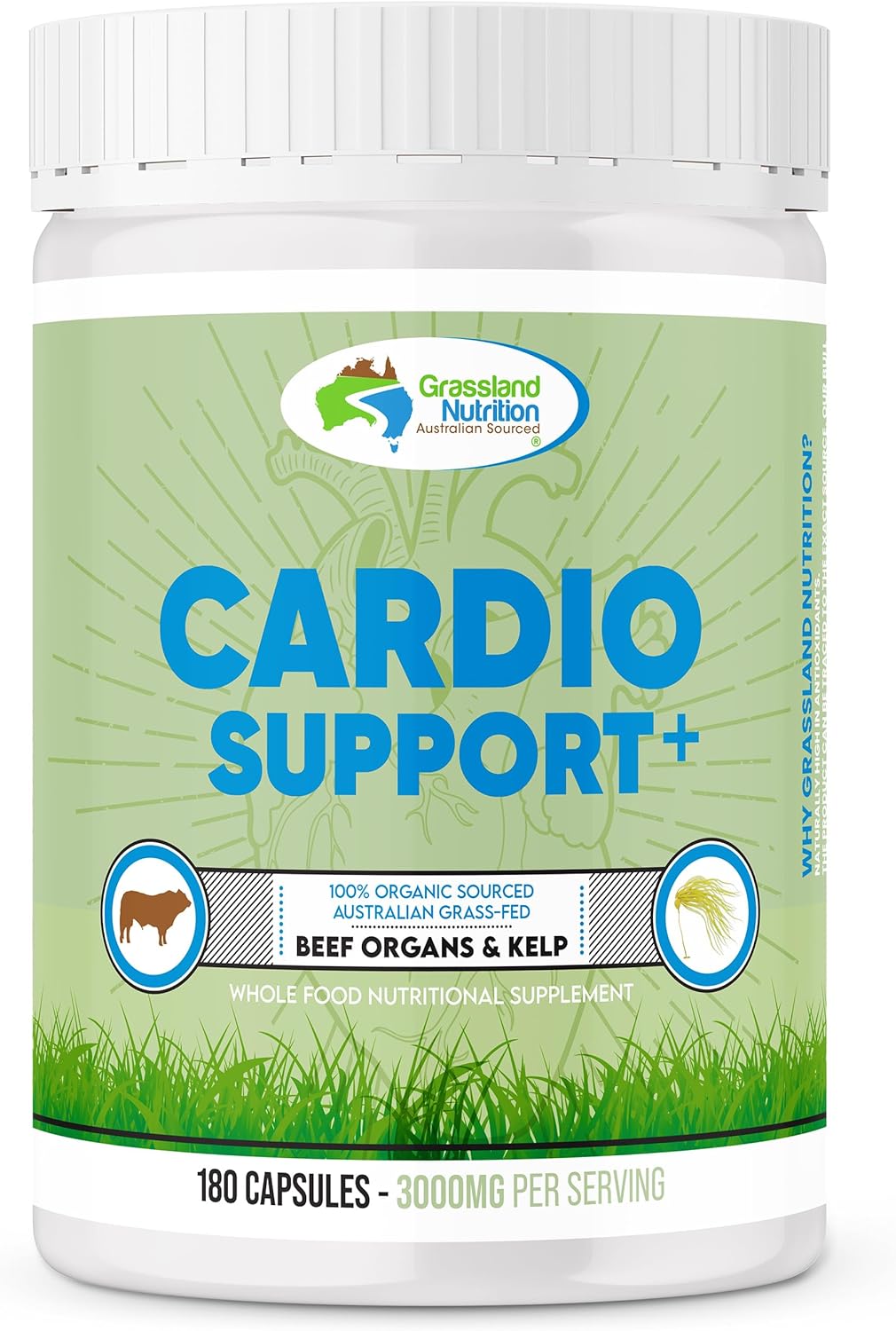Organic Australian Grassland Nutrition Beef Organ Blend - Cardio Support with CoQ10, B12, Iodine (180 Capsules)