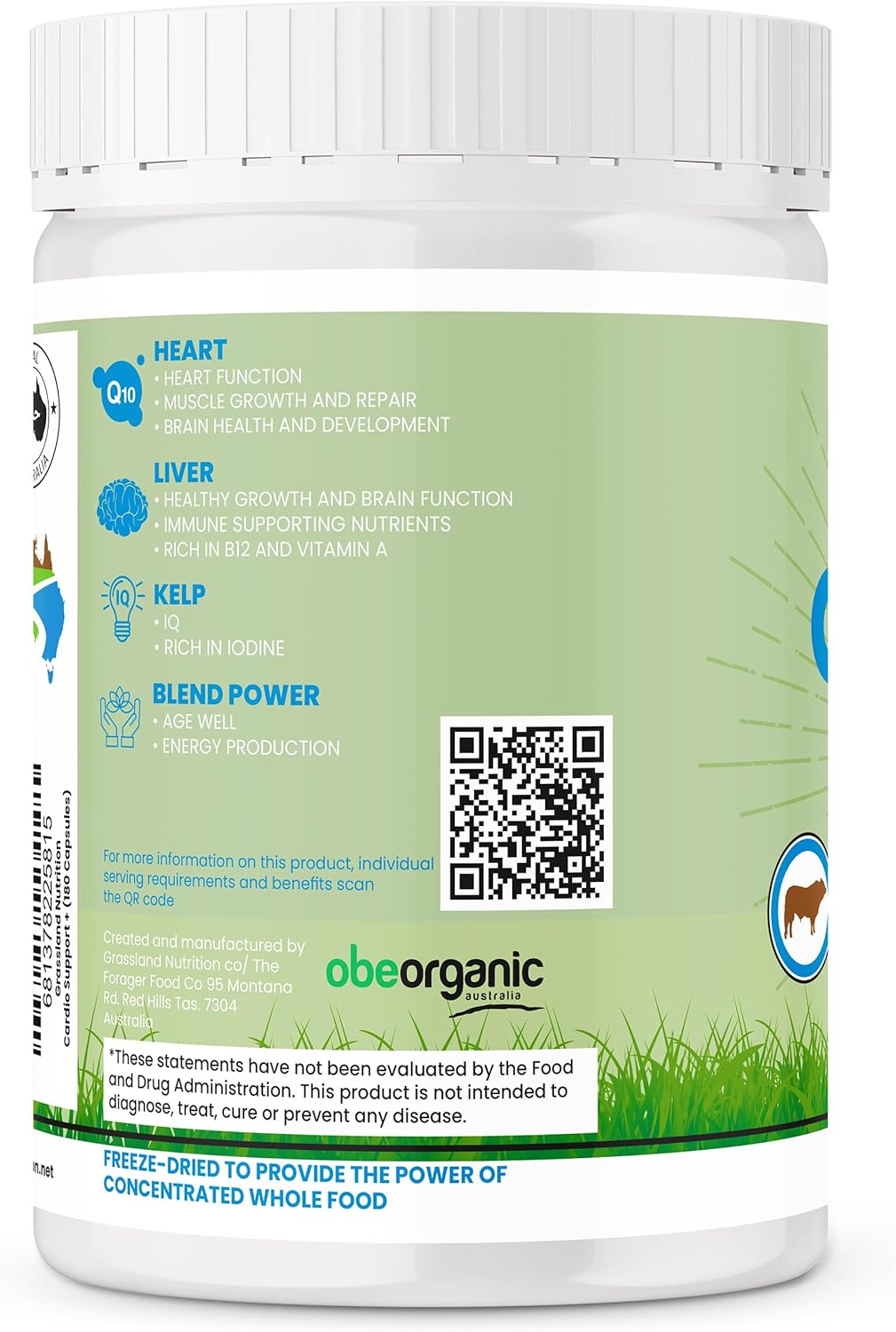 Organic Australian Grassland Nutrition Beef Organ Blend - Cardio Support with CoQ10, B12, Iodine (180 Capsules)