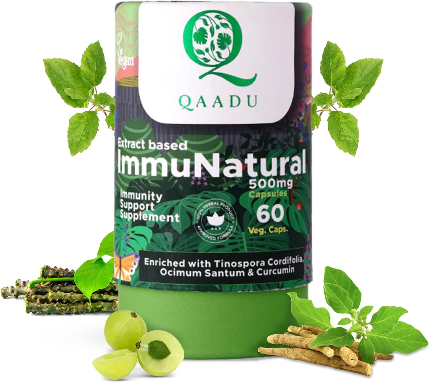 Organic Ayurvedic Immunity Boosters for Adults | QAADU ImmuNatural 60 Capsules | Vegan Formula with Ashwagandha Tulsi Amla Haldi Mulethi Giloy | 500mg