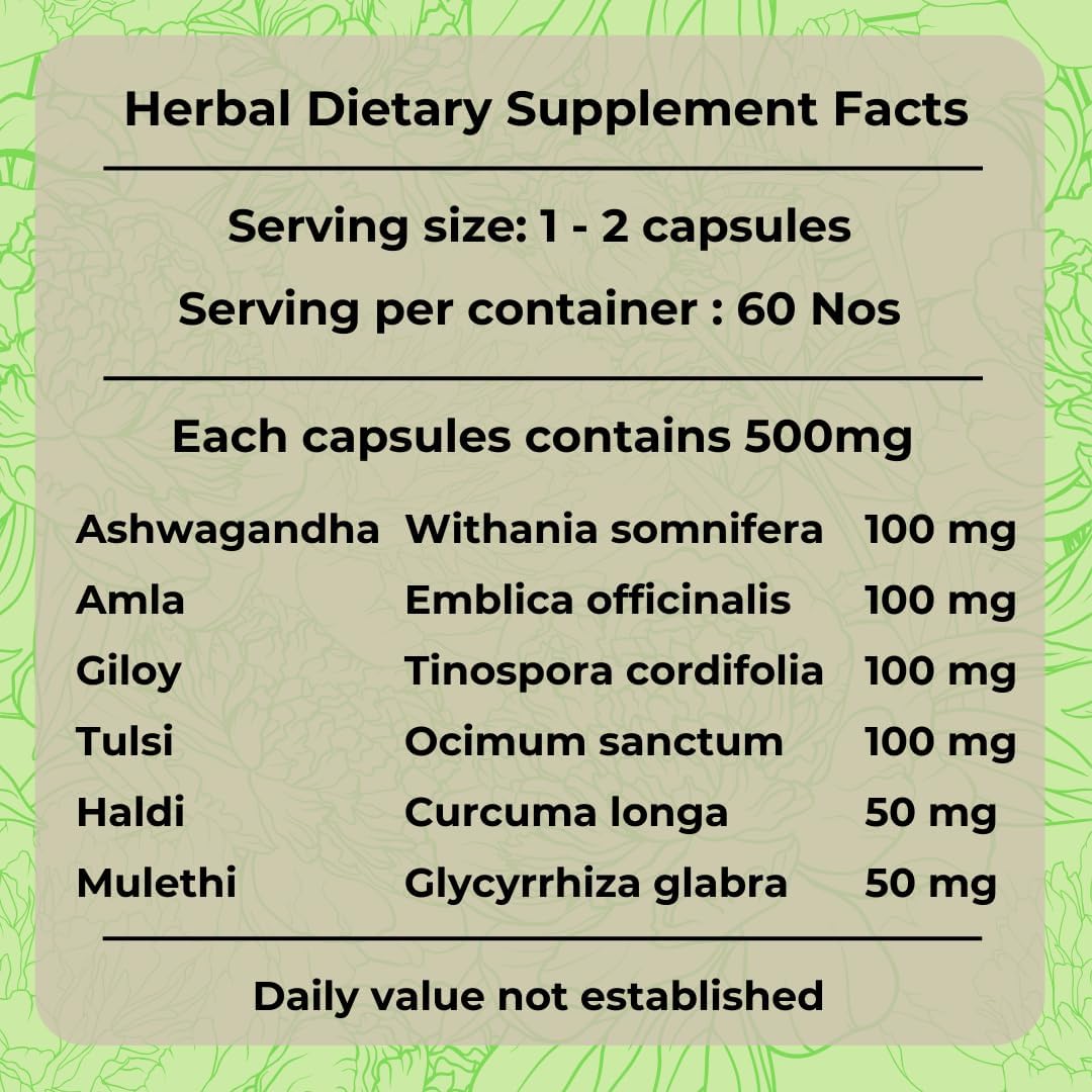 Organic Ayurvedic Immunity Boosters for Adults | QAADU ImmuNatural 60 Capsules | Vegan Formula with Ashwagandha Tulsi Amla Haldi Mulethi Giloy | 500mg
