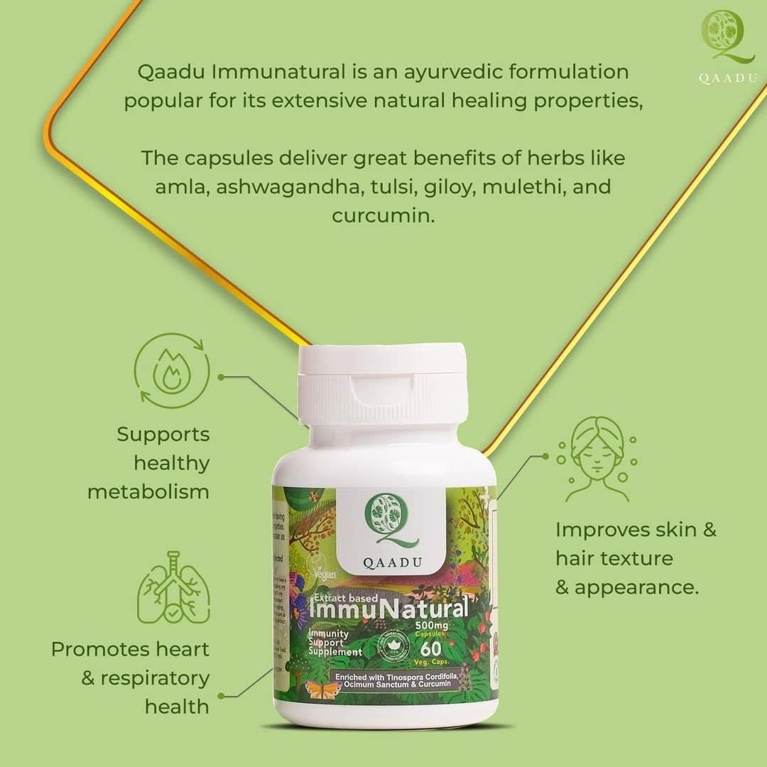 Organic Ayurvedic Immunity Boosters for Adults | QAADU ImmuNatural 60 Capsules | Vegan Formula with Ashwagandha Tulsi Amla Haldi Mulethi Giloy | 500mg