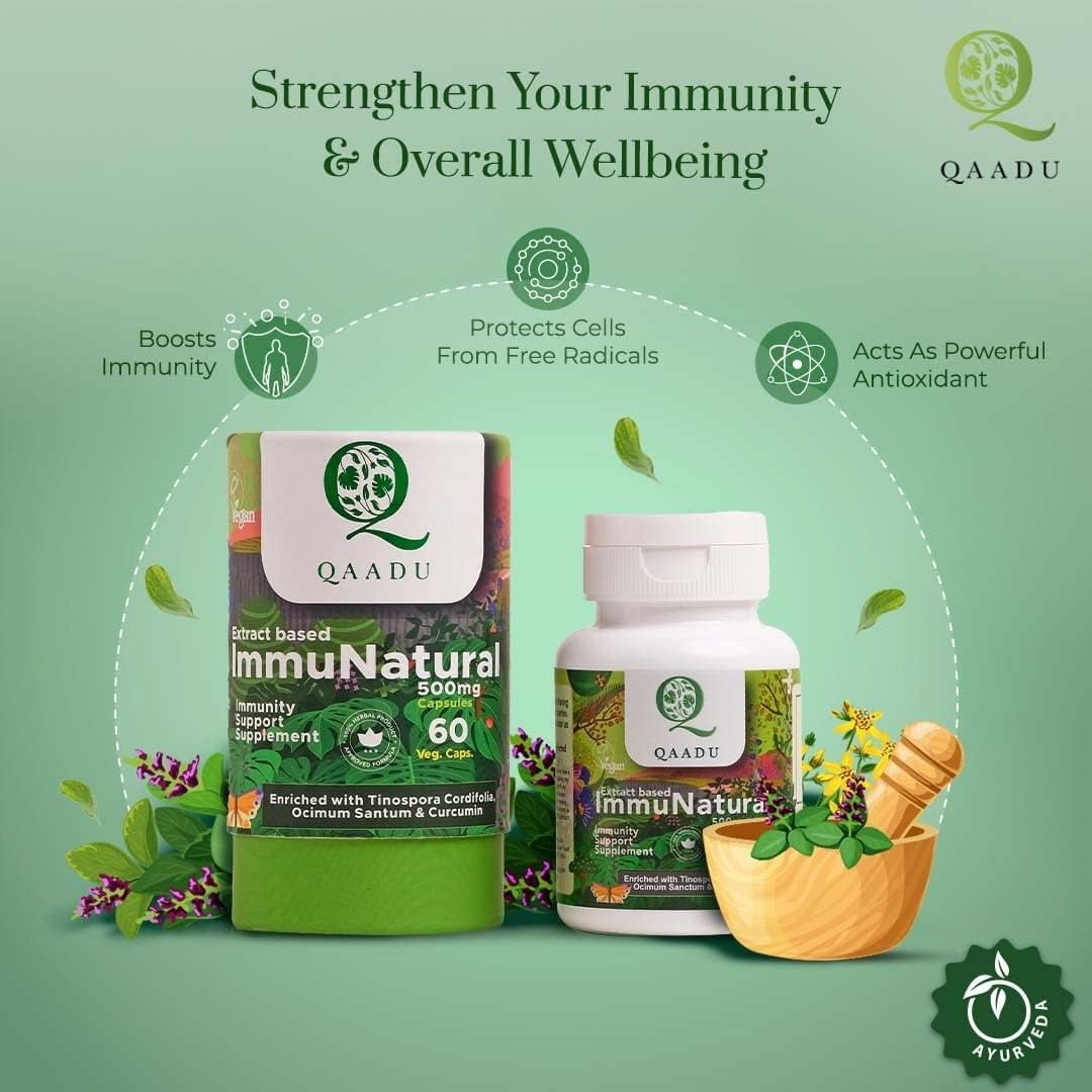 Organic Ayurvedic Immunity Boosters for Adults | QAADU ImmuNatural 60 Capsules | Vegan Formula with Ashwagandha Tulsi Amla Haldi Mulethi Giloy | 500mg