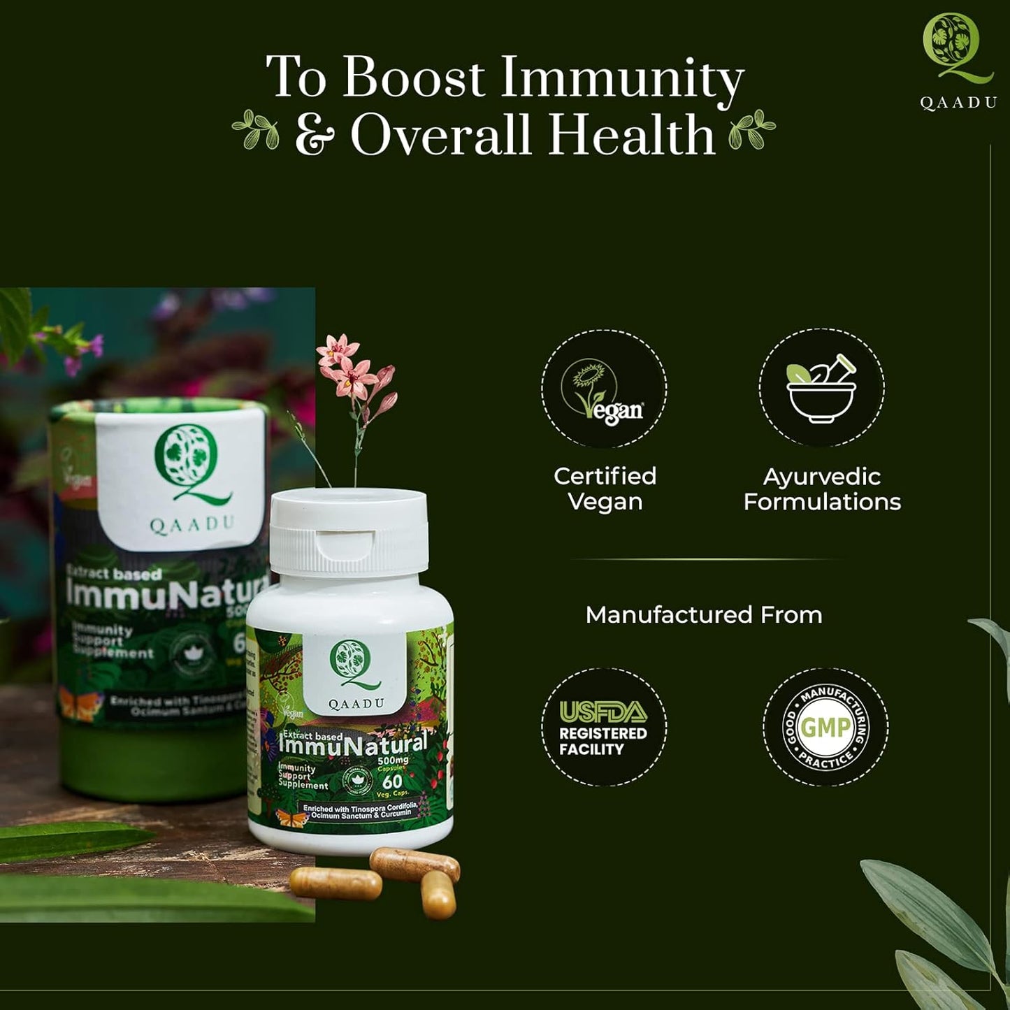 Organic Ayurvedic Immunity Boosters for Adults | QAADU ImmuNatural 60 Capsules | Vegan Formula with Ashwagandha Tulsi Amla Haldi Mulethi Giloy | 500mg