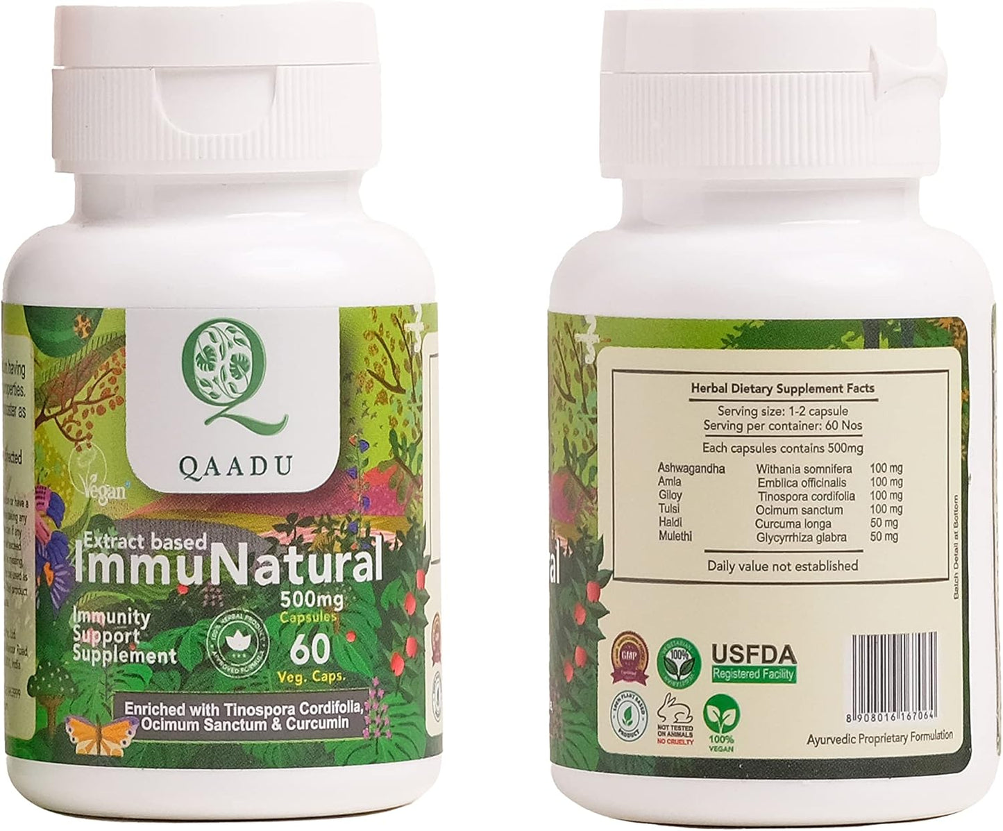 Organic Ayurvedic Immunity Boosters for Adults | QAADU ImmuNatural 60 Capsules | Vegan Formula with Ashwagandha Tulsi Amla Haldi Mulethi Giloy | 500mg