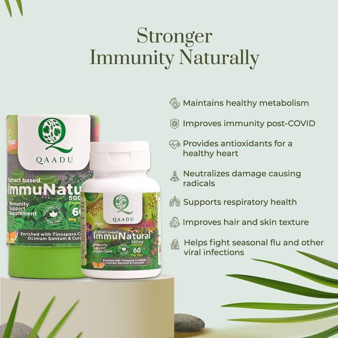 Organic Ayurvedic Immunity Boosters for Adults | QAADU ImmuNatural 60 Capsules | Vegan Formula with Ashwagandha Tulsi Amla Haldi Mulethi Giloy | 500mg