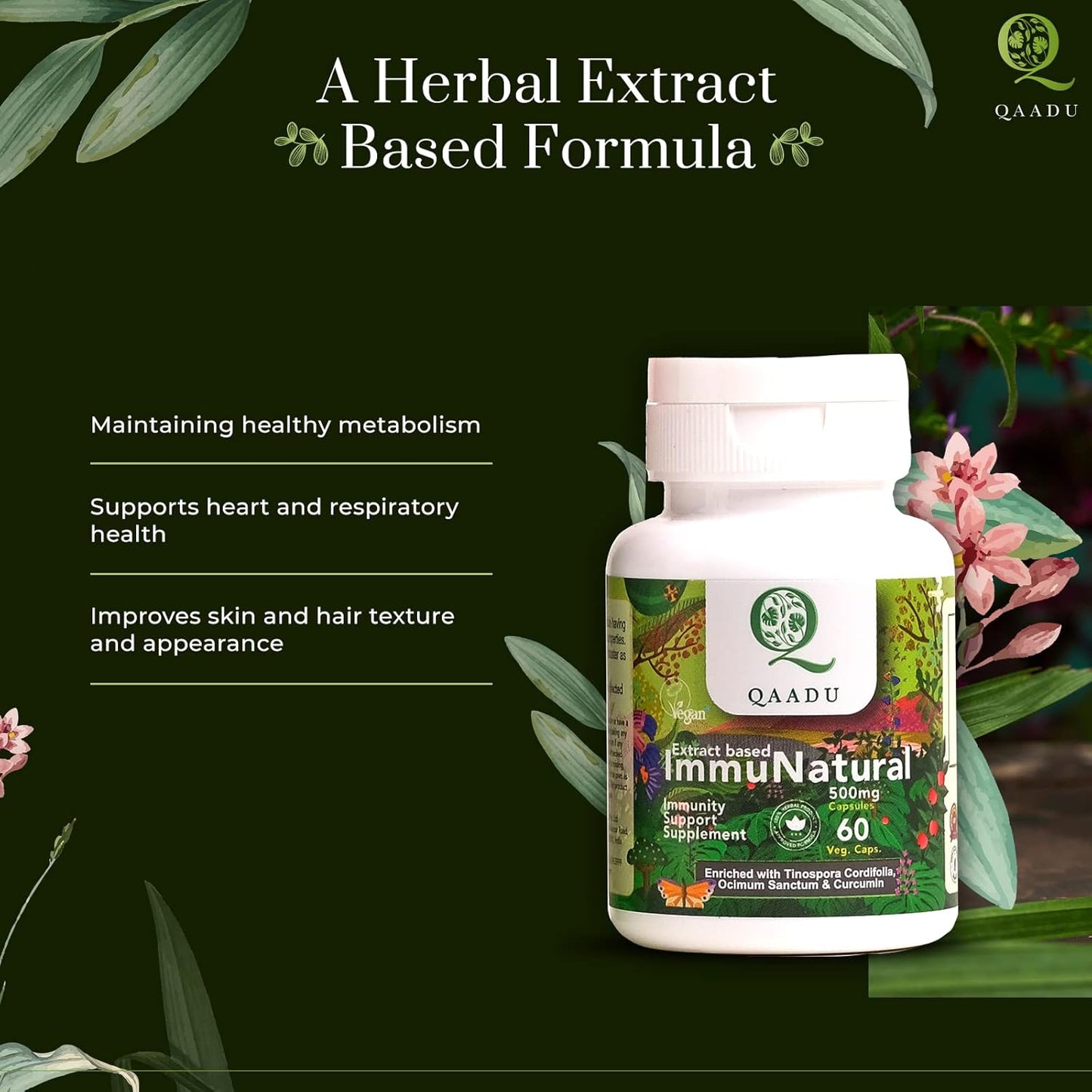 Organic Ayurvedic Immunity Boosters for Adults | QAADU ImmuNatural 60 Capsules | Vegan Formula with Ashwagandha Tulsi Amla Haldi Mulethi Giloy | 500mg