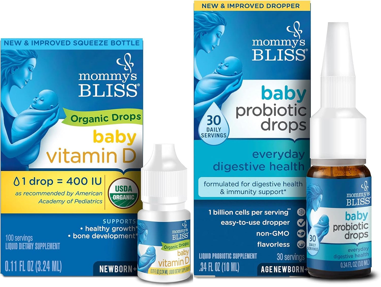 Organic Baby Vitamin D Drops and Baby Probiotic Drops Combo Pack - 100 Servings Vitamin D, 30 Servings Probiotic
