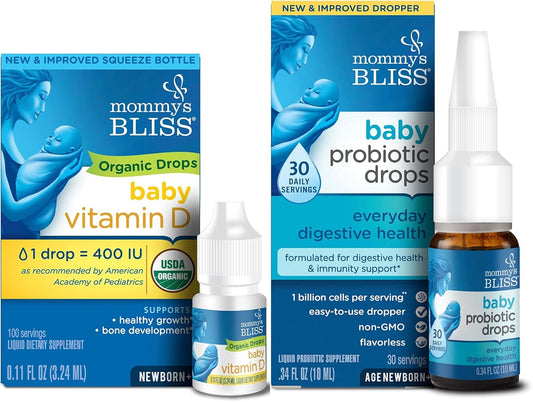 Organic Baby Vitamin D Drops and Baby Probiotic Drops Combo Pack - 100 Servings Vitamin D, 30 Servings Probiotic