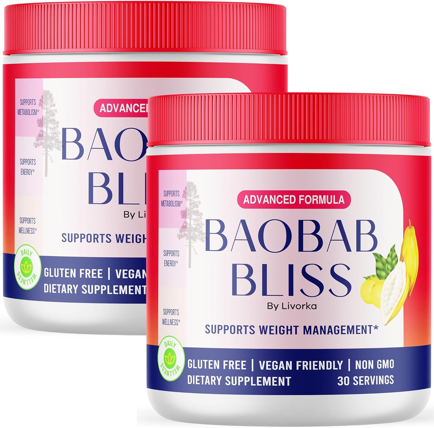 Organic Baobab Bliss Powder (2 Pack) - All Natural Fiber Supplement with 60 Servings, 2 Month Supply