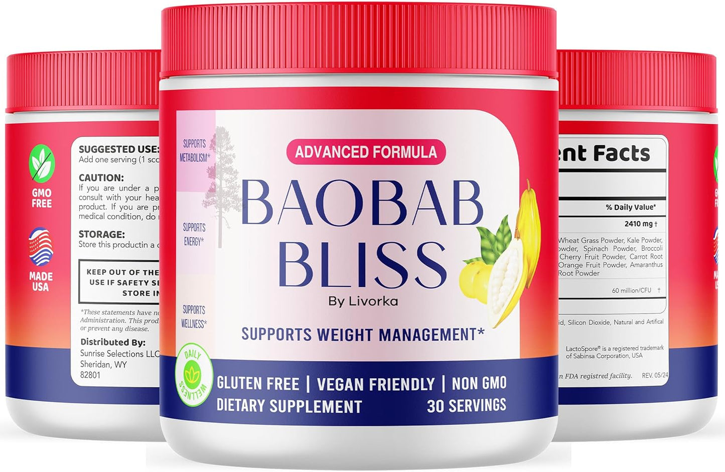 Organic Baobab Bliss Powder (5 Pack) - Natural Fiber Supplement - 150 Servings - 5 Months Supply