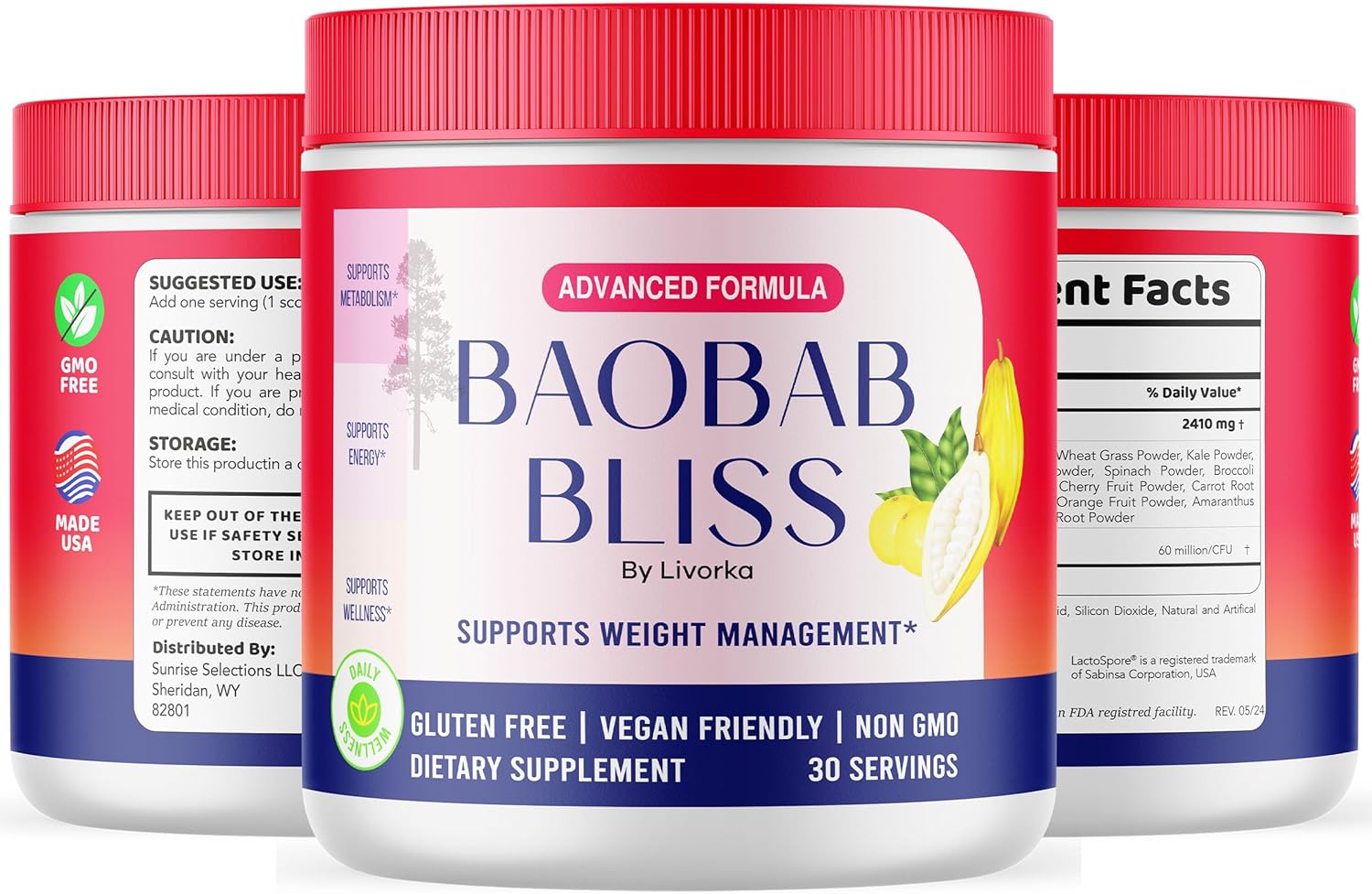 Organic Baobab Bliss Powder (5 Pack) - Natural Fiber Supplement - 150 Servings - 5 Months Supply