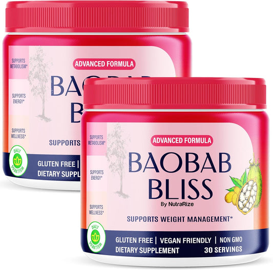 Organic Baobab Bliss Powder Detox for Fitness & Healthy Lifestyle - Pack of 2, All Natural Fiber Supplement, Native African Coffee Secret - 60 Servings