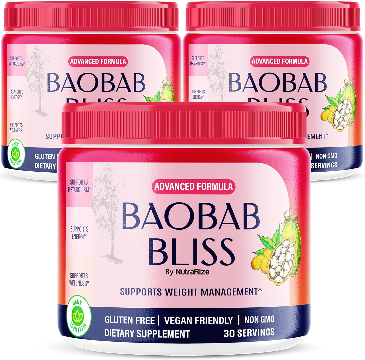 Organic Baobab Bliss Powder Trio Pack for Fitness & Health - Native African Coffee & Detox Fiber Supplement - 90 Servings