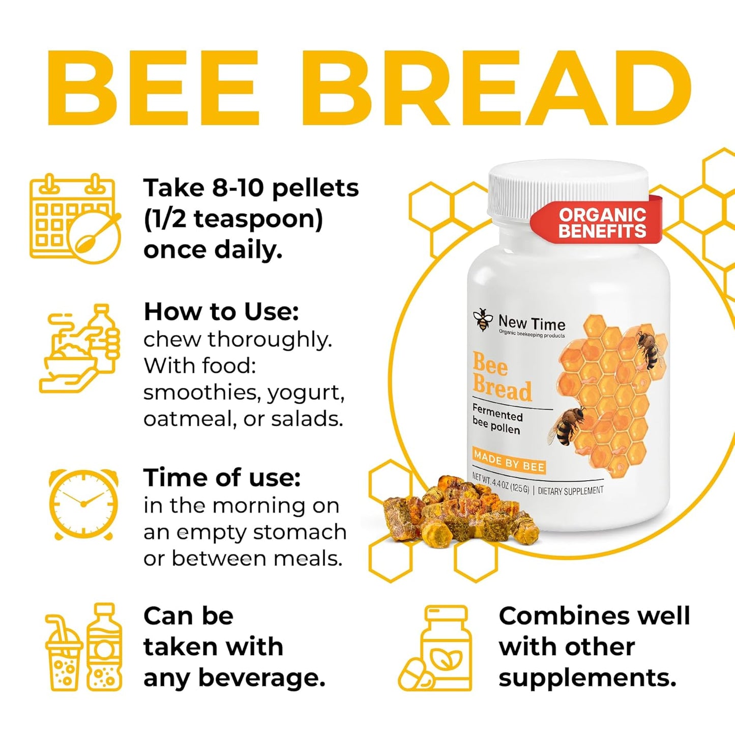 Organic Bee Bread: Fermented Bee Pollen 4.4oz - 100% Natural Superfood Granules for Breast Growth & Immune Support
