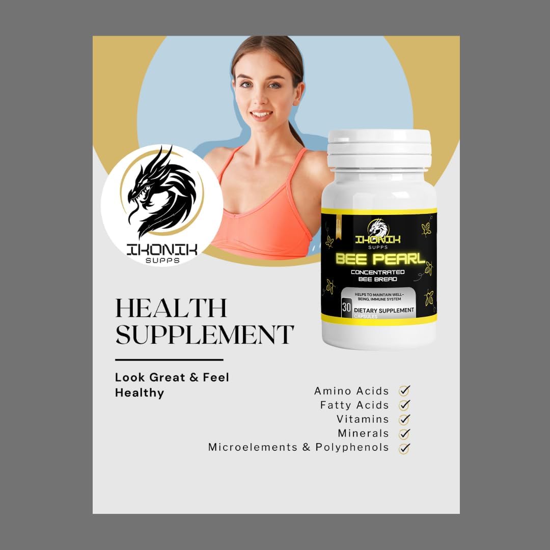 Organic Bee Pollen Capsules with Honey - Natural Multivitamin for Energy, Metabolism, Sleep - 30 Capsules