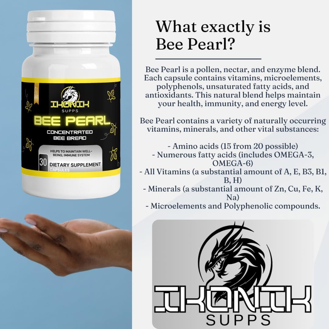 Organic Bee Pollen Capsules with Honey - Natural Multivitamin for Energy, Metabolism, Sleep - 30 Capsules